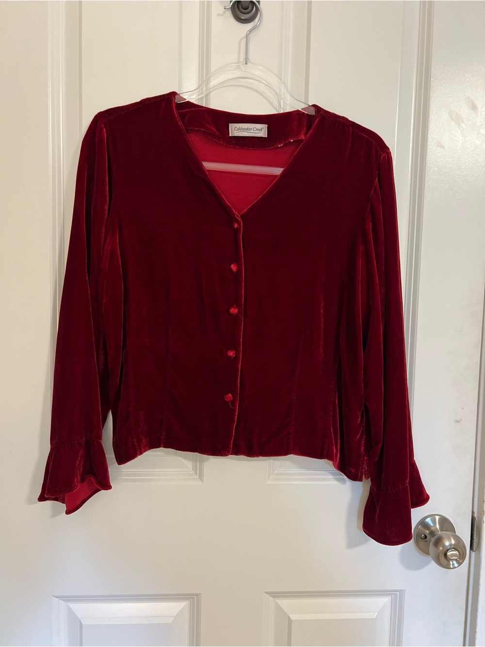 Coldwater Creek Women's Deep Red Velvet Button-Front Blouse